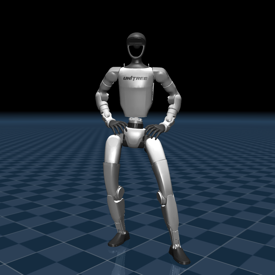 BFM reaching a goal in simulation — robot arm and body coordinated to target